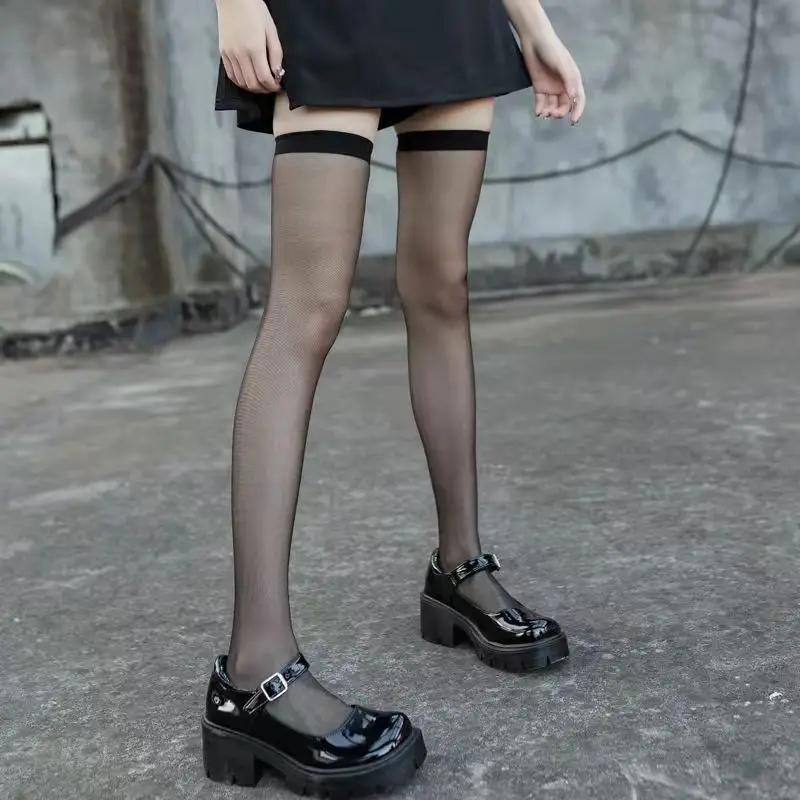 Lolita Girls Party Thigh High Fishnet Stockings Gothic Punk Women Sexy Transparent Over Knee Black Red Wide Edge Long High Socks
