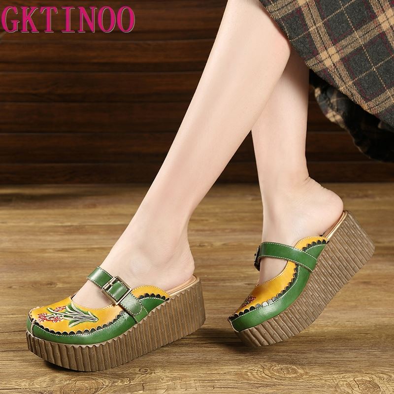 Fashion GKTINOO 2025 Wedge Slides Shoes Women Cover Toes Buckle Flower Cut Out Summer Female Genuine Leather Platform Slippers