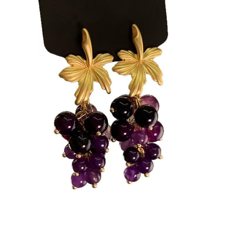 Bohemian Purple & White Grape Earrings: Retro Medium-Length, Niche Design, Versatile Fashion Accessory for Women