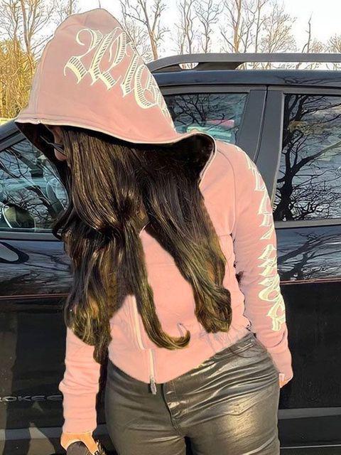 Winter Buchstabenaufdruck Reißverschluss Hoodie Streetwear Damen Cyber Y2k Jacken Strickjacke Gothic Punk Kleidung Sweatshirts