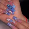 24 Stuks Lange Vierkante Press-On Nagels Frans Blauw Glitter Bloemen Design Plak Op Kunstnagels Voor Vrouwen Draagbare Manicure Tips
