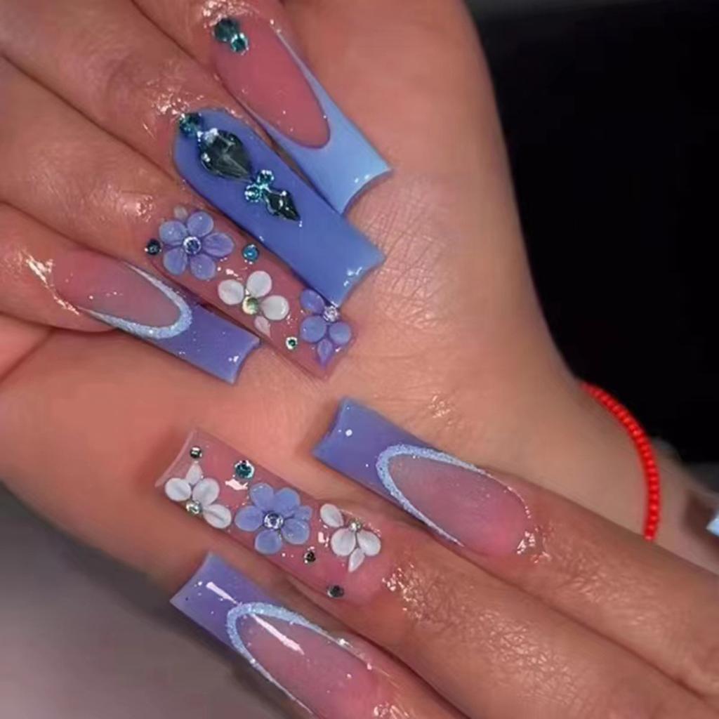24 Stuks Lange Vierkante Press-On Nagels Frans Blauw Glitter Bloemen Design Plak Op Kunstnagels Voor Vrouwen Draagbare Manicure Tips