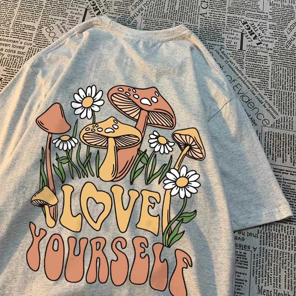 Cottagecore Style Mushroom Love Yourself Mens Tshirt Oversized T-Shirts Oversized Cotton T Shirts Breathable Women Short Sleeve