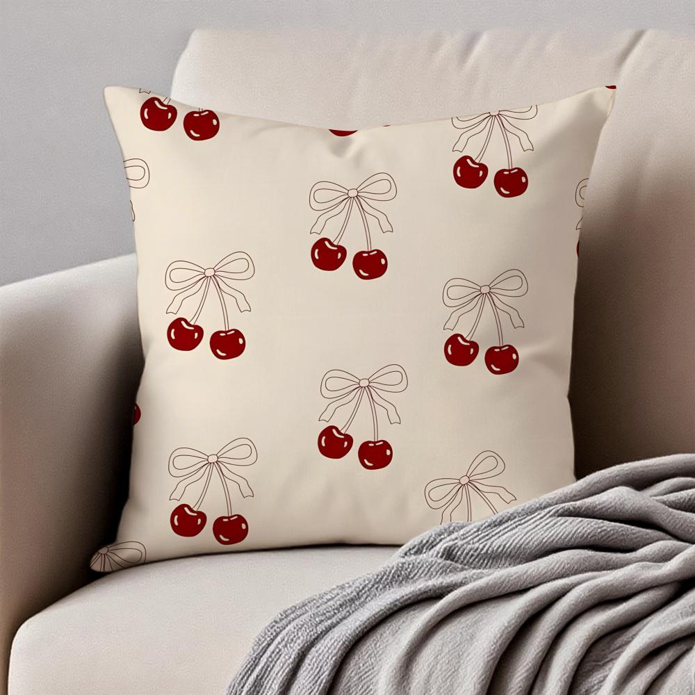 Pink bow cherry Cushion Cover Pillowcase Antidustmite Invisible Zipper Short Plush Sofa Cushion