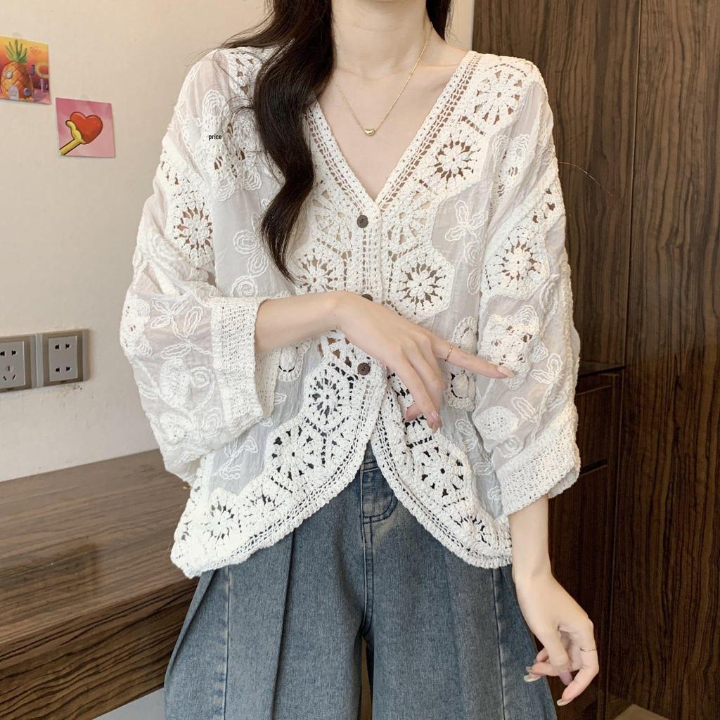 Bohemian Crochet Lace V-Neck Plus Size Sun Protection Cardigan for Women