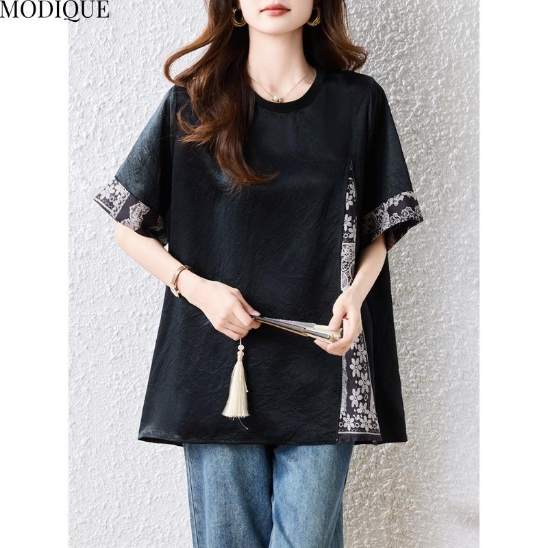 MODIQUE Spring Summer Plus Size New Women Loose Vintage Print Blouse Shirts Female Casual Oversize Spliced Short Sleeve O-Neck Top Folk
