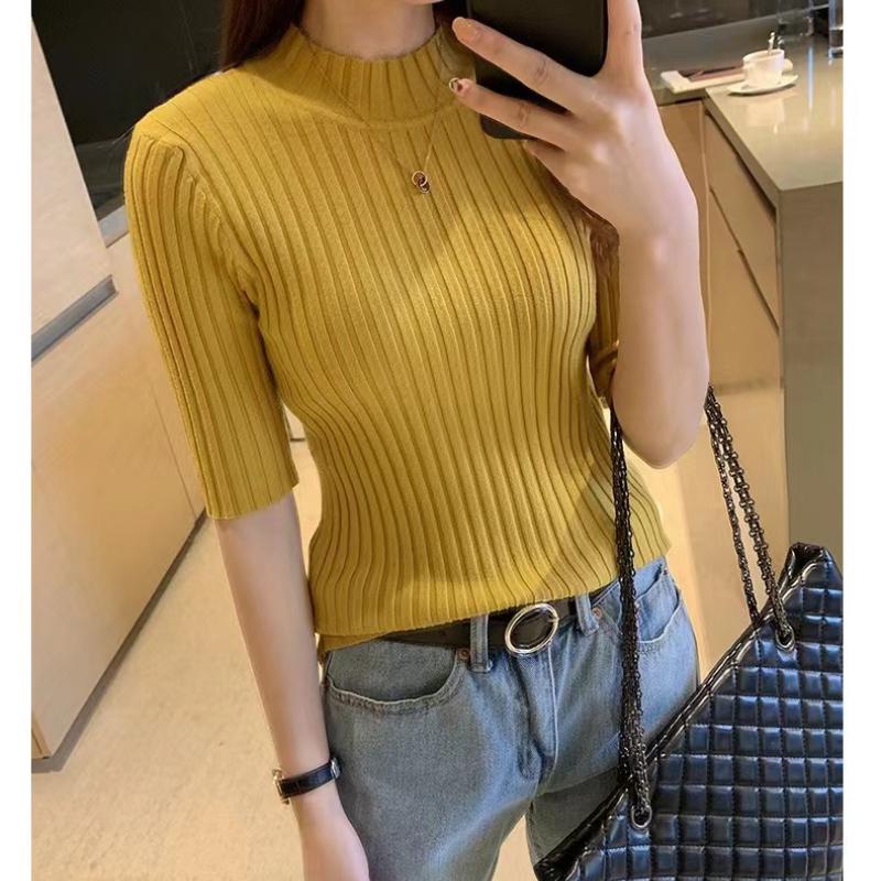Slim Casual Base Knitted Shirts Women Pullover Half Sleeve Casual Sweater Blouses Women Solid Basic Tee Tops 13466