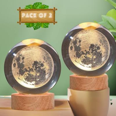Crystal Moon Lamp – Engraved Crystal Ball LED Night Light with Wooden Base, USB Powered, Ideal for Home & Office Décor, (Pack of 2, Warm White)