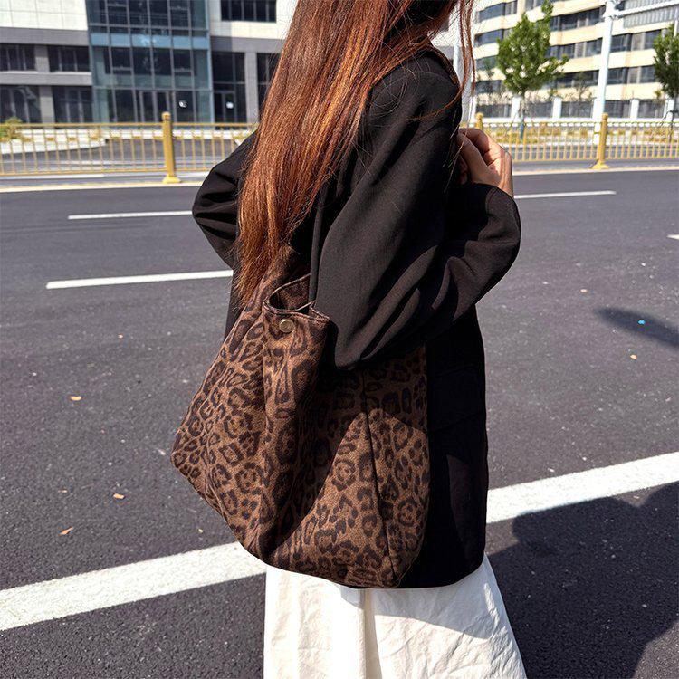 Korean Leopard Print Canvas Tote Bag - Autumn/Winter Casual, Large Capacity, Lazy Style Shoulder Bag