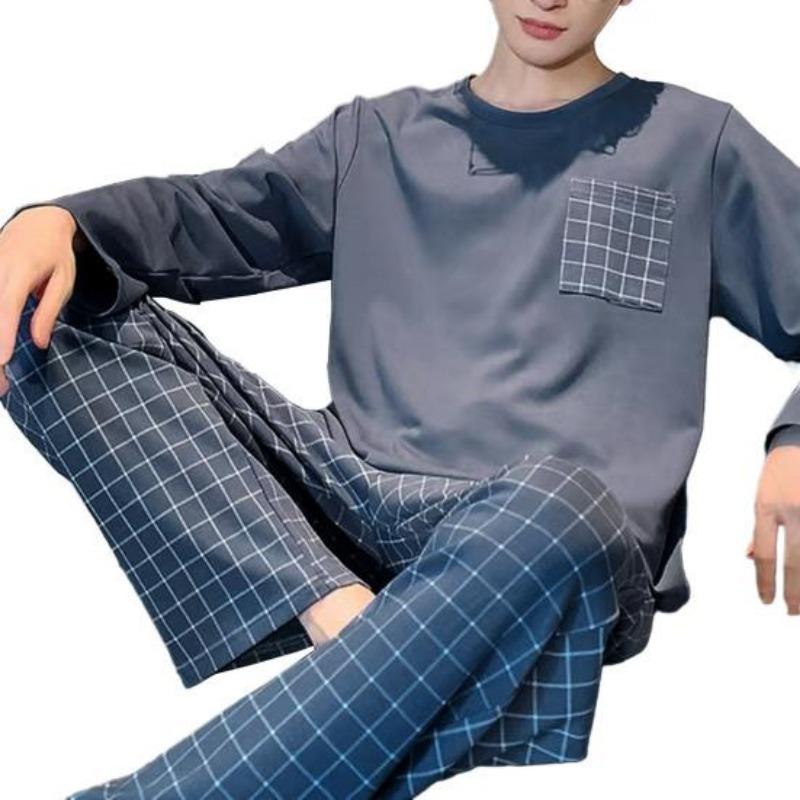 2 Teile/satz Männer Pyjamas Set Herbst Oansatz Langarm Plaid Brief Drucken Tops Elastische