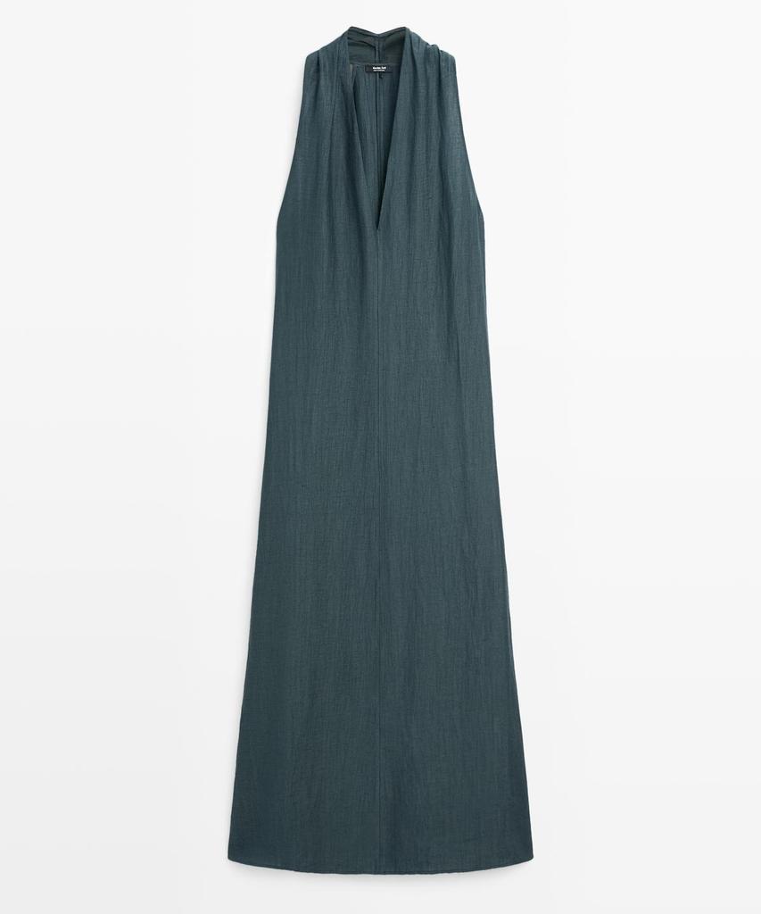 Masimodutti Linen V-Neck Midi Dress