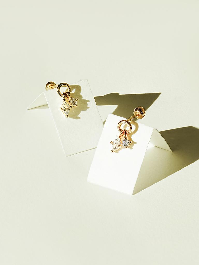 Minimalpiercing 14K Twin Cubic Drop Piercing Earrings