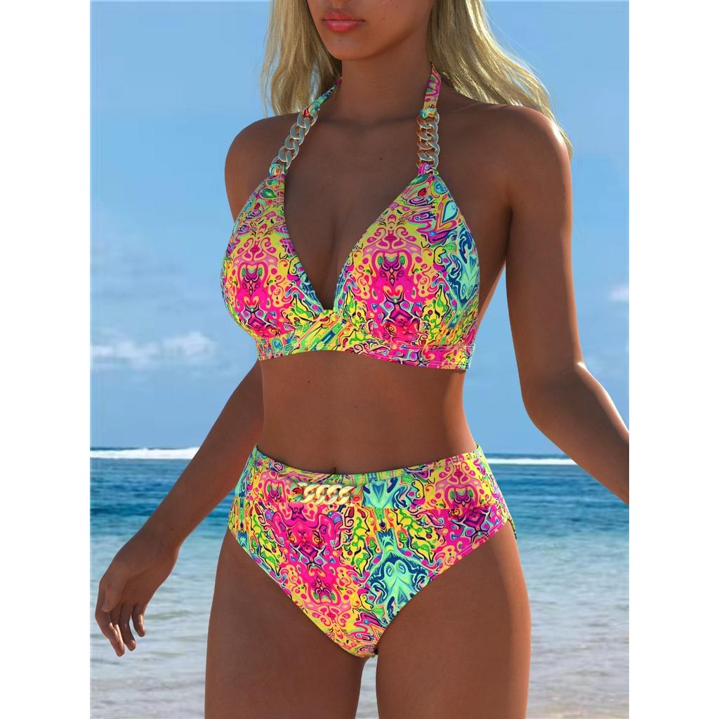 New European and American Tropical Printed Bikini Women's Split Swimsuit Sexy Suspender High Waist Beach Vacation Swimming