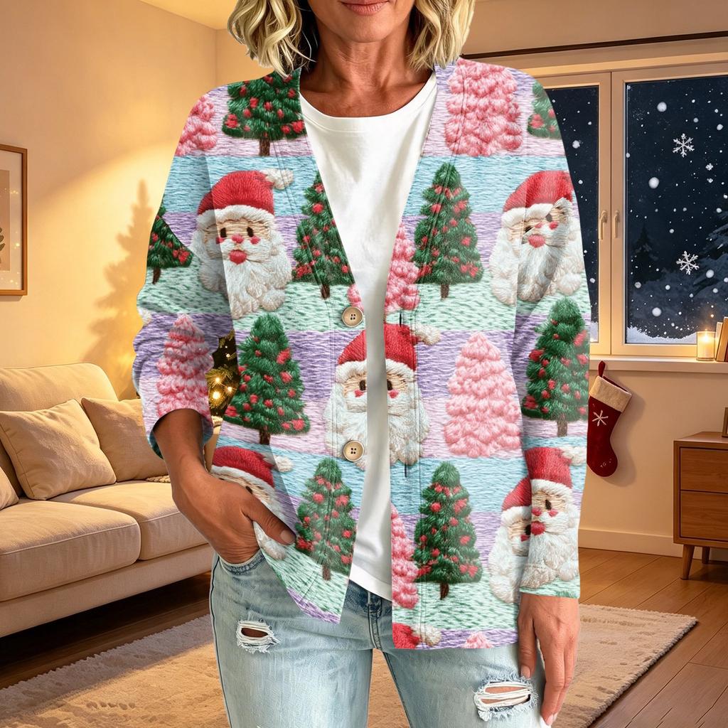 Women's Casual Christmas Print Button Jacket, Outerwear for Holiday Parties and Daily Wear