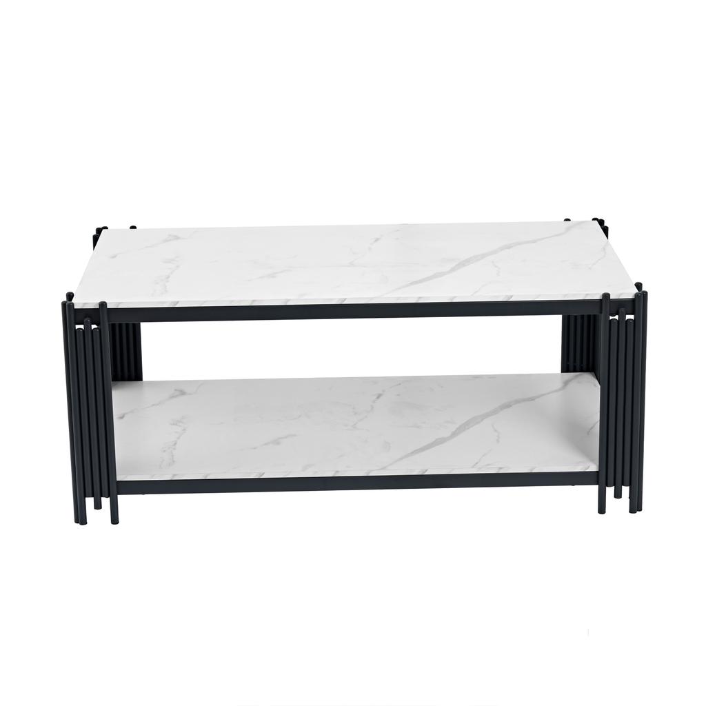 Rectangular Coffee Table with Metal Legs, Marbled Tabletop, Modern Living Room Furniture, White-Black – H46/B1140/T64 cm