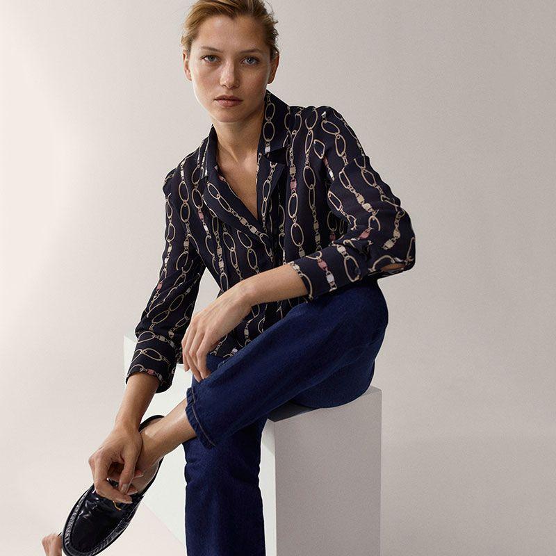 

MD Women s Autumn New Arrival French Vacation Style Long Sleeves Shirt Capsule Series Chain Print Shirt Black L