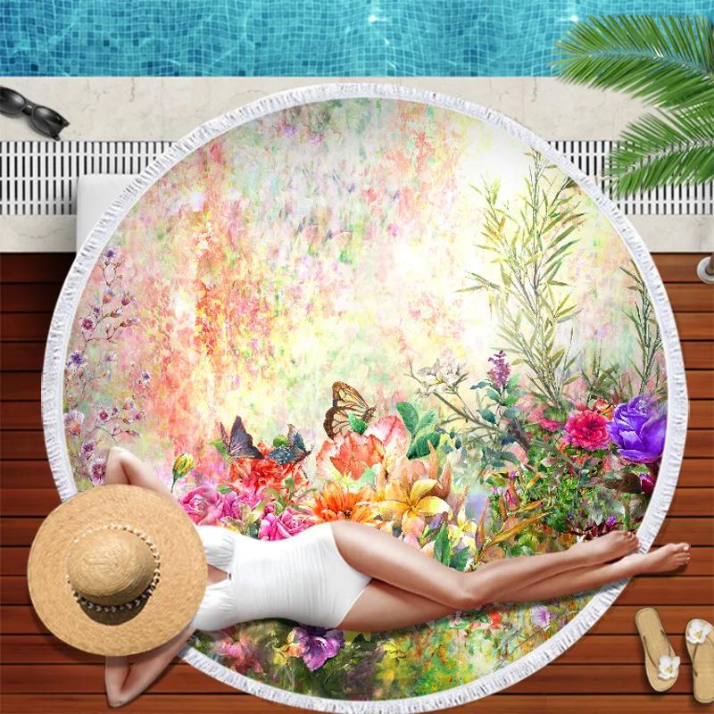 Large Round Colorful Flower Printed Beach Towel Diameter 3D Print Microfiber Blanket With Tassel Fringe Yoga Mat For Adult