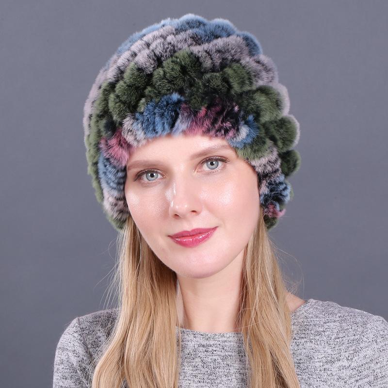 Damen Winter Pelzmütze Rex Kaninchenhaar gestrickte Spirale Ananas verdickte warme Mütze