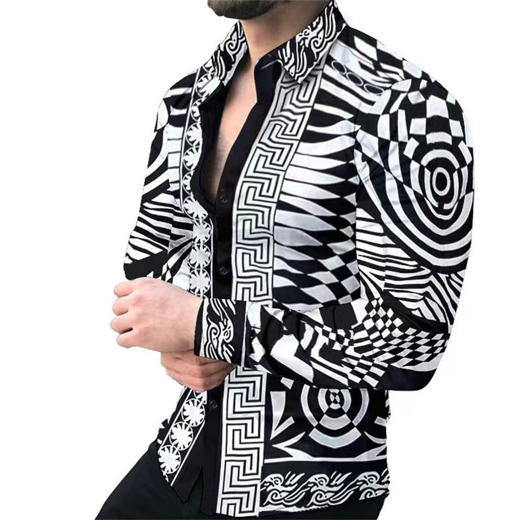 Trendy long-sleeve shirt with ornate striped design, elegant and stylish.