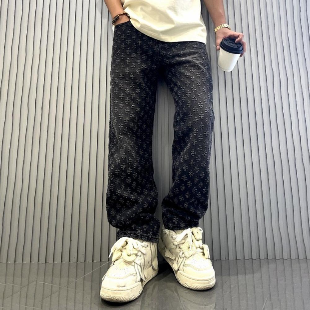 Jacquard Pattern Denim Pants Male Straight Fitting Baggy Bottoms Distressed Wide Jeans for Men