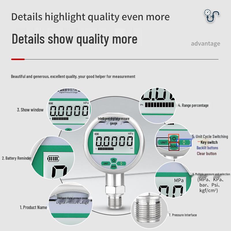 YS80BF Stainless Steel Shock-Resistant Digital Vacuum & Pressure Gauge for Water, Hydraulic, Air, & Oil - Intelligent Display, 1.6M