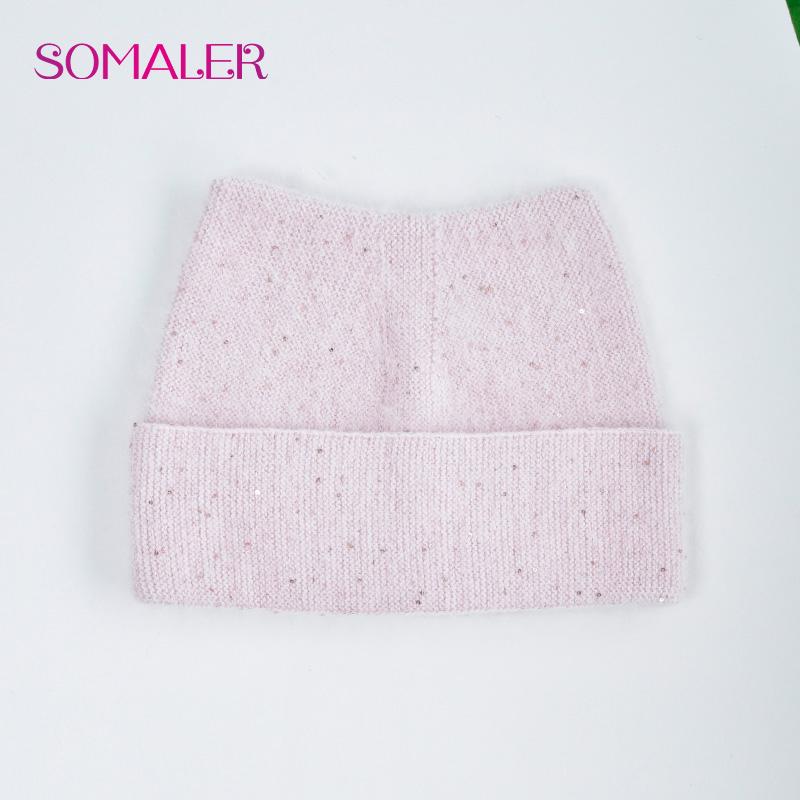 SOMALER Women's Autumn Winter Angora Knit Warm Hat with Brim and Sequin Decoration Cute Cat Design Beanie 54-58cm