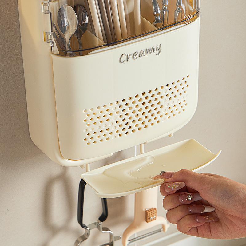 Wall-Mounted Dustproof Kitchen Chopstick Holder with Lid – Multifunctional Storage & Draining Rack
