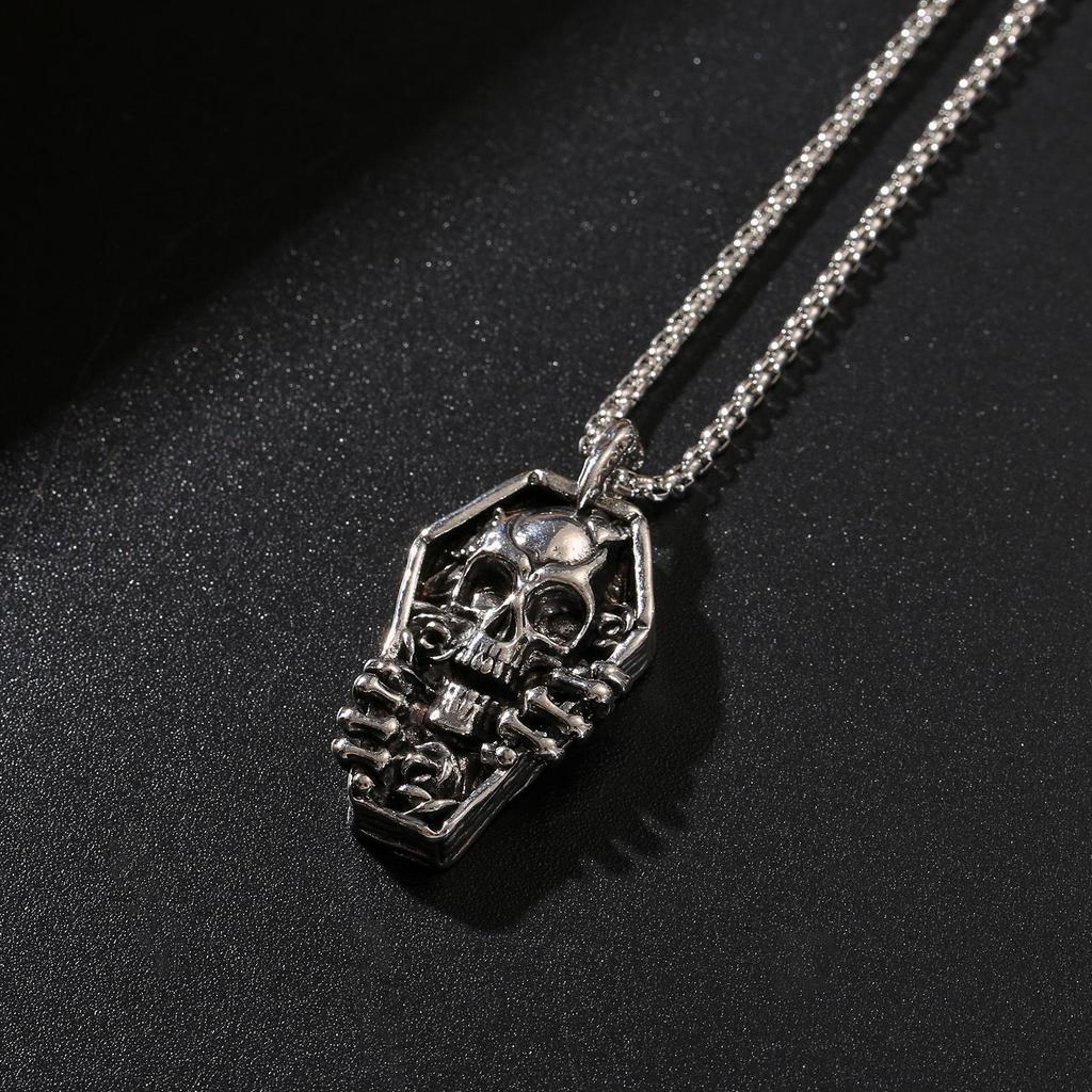 Coffin-Shaped Skull Pendant Necklace with Stainless Steel Chain