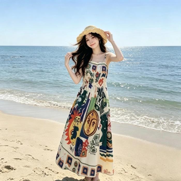 Retro ethnic style oil painting graffiti printing suspender dress women's summer new high-end niche seaside long skirt