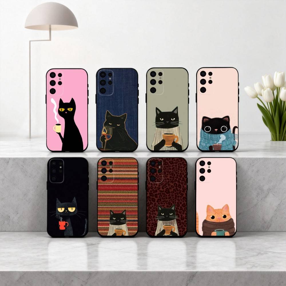 S-Striped C-Coffee Cat Phone Case For Samsung S25,S24,S21,S22,S23,S30,Ultra,S20,Plus,Others Soft Black Cover