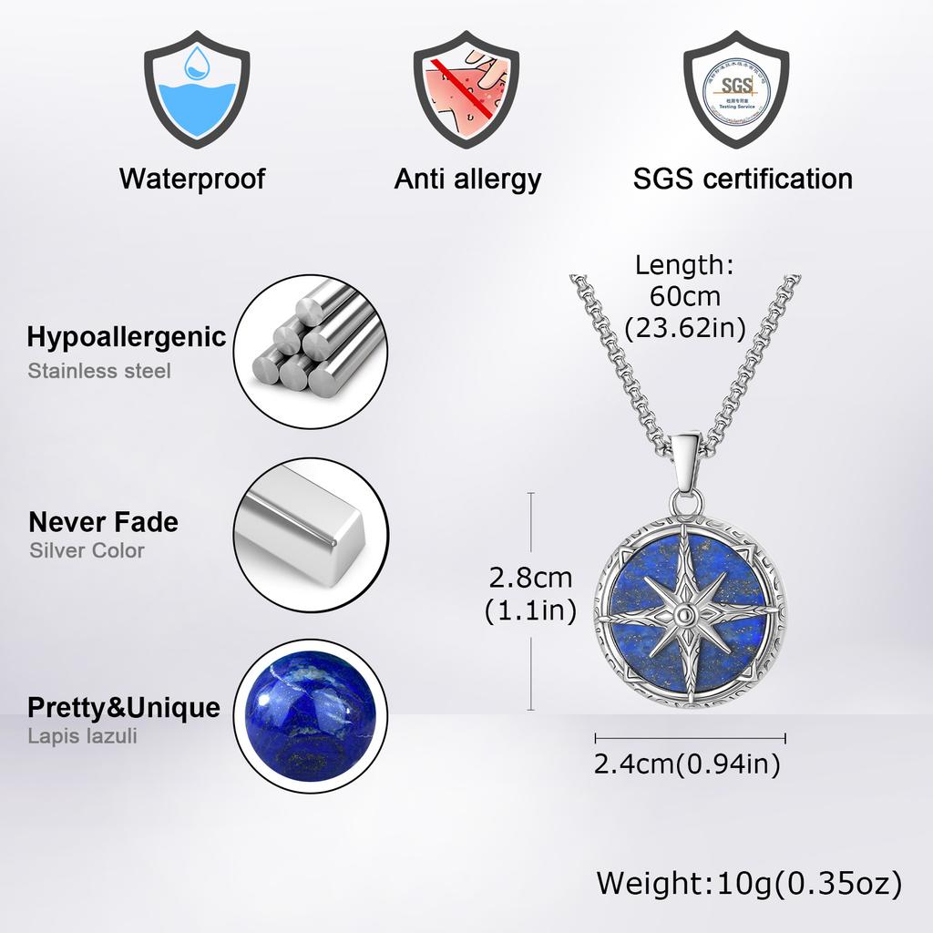 Stylish Natural Stone Necklace for Men,Eight-pointed Star Round Pendant Necklace,Cool Punk Birthday Father Gifts