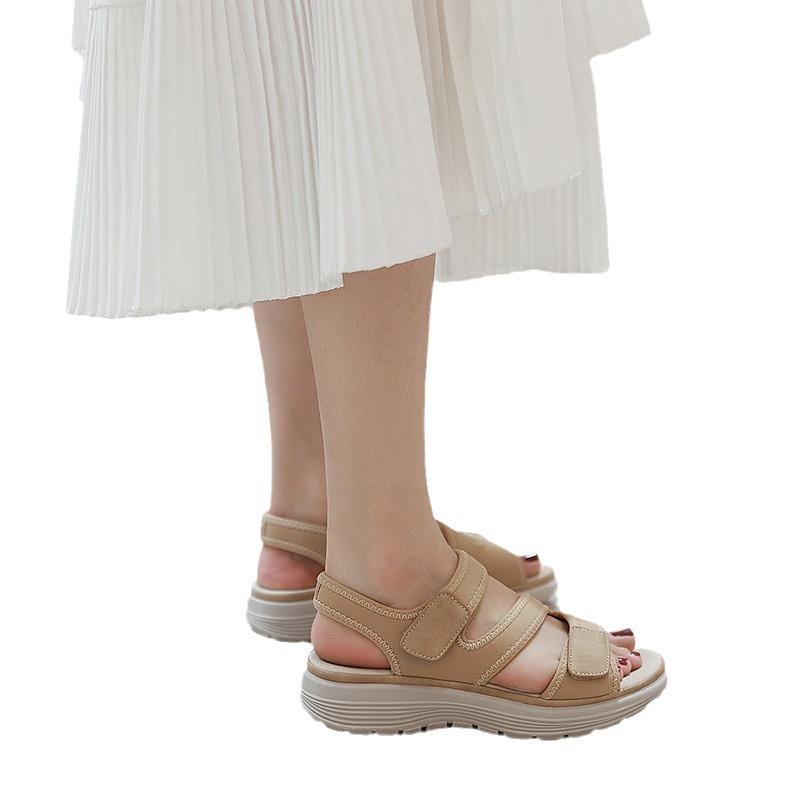 Summer 2025 New Leather Sandals For Women In Women's Sports Style Wedge Lightweight Velcro Large-Size Slippers For Women Casual
