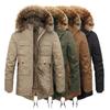 Winter Solid Color Velvet Mid-length Men's Washed Cotton Coat with Hooded Fur Collar and Detachable Multi-pocket Cotton Coat
