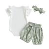 Baby Girls Summer Shorts Outfits Short Sleeve Ribbed Romper Belted Daisy Print Shorts Headband Sets