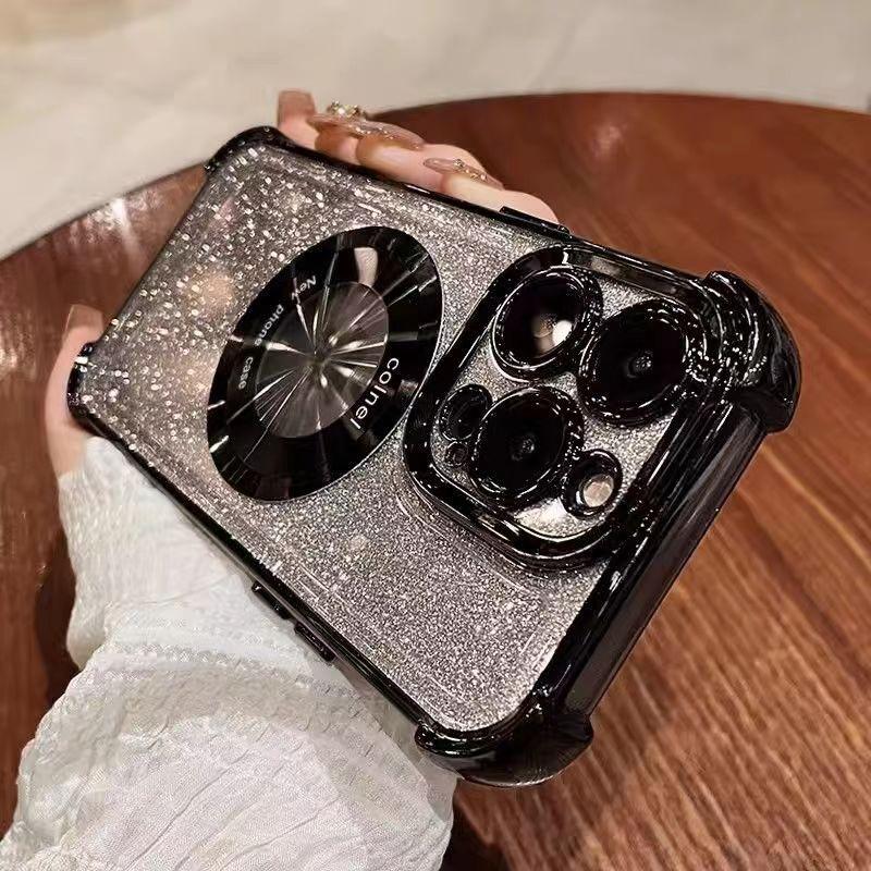 Luxury Magnetic Glitter Shockproof Phone Case For iPhone 16 15 14 13 12 11 Pro Max Plus Glass Lens Protection Acrylic Back Cover