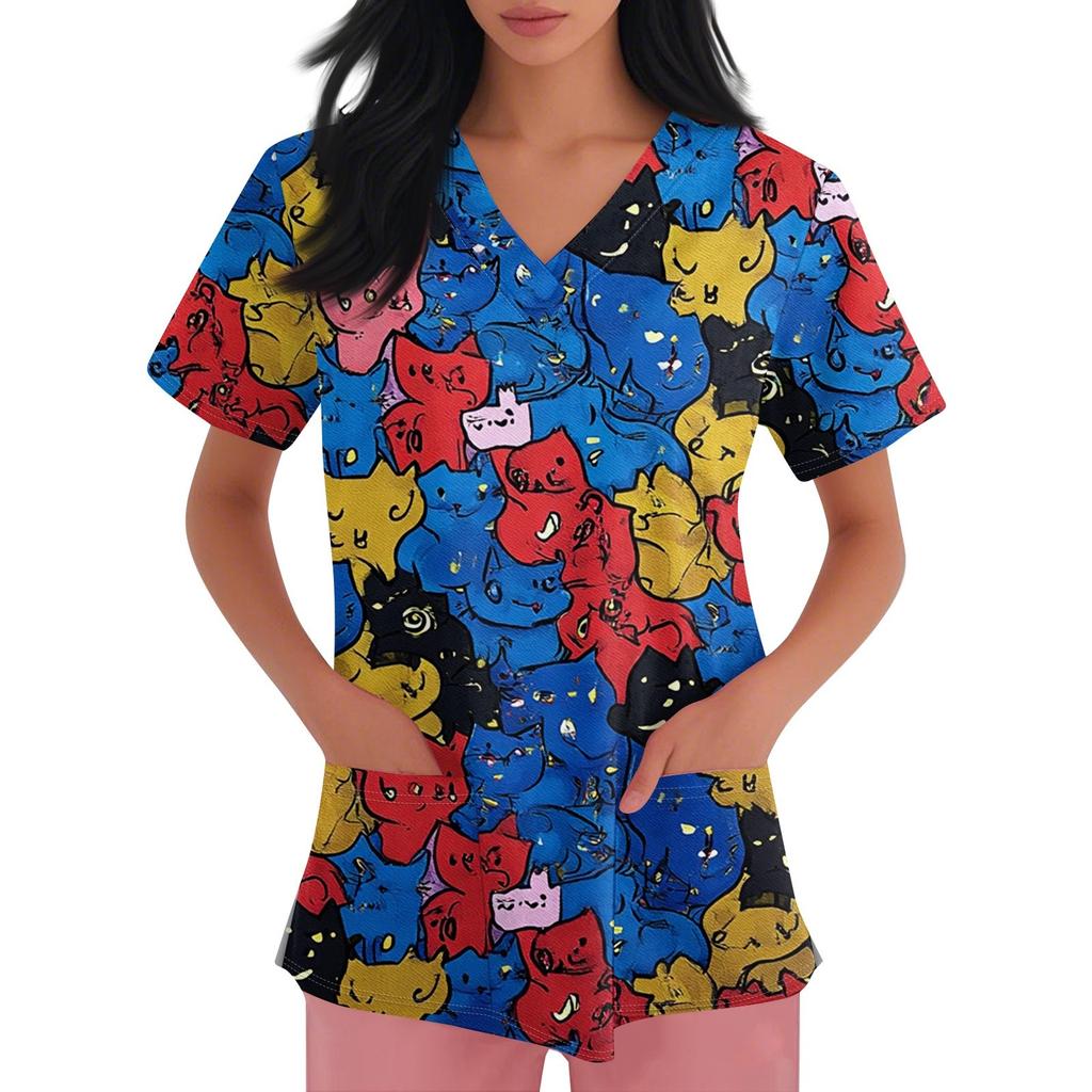 Women's V-neck Printed Short-sleeved Work Clothes With Side-slit Pockets And Uniforms