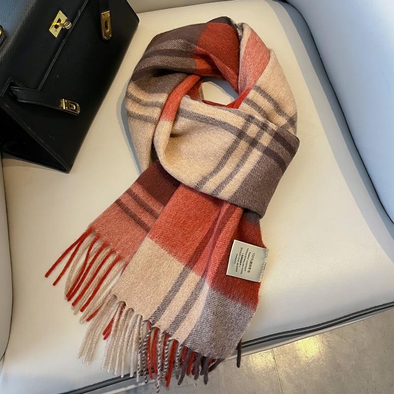 Camel brown 100 pure wool plaid scarf khaki women's winter thickened warm fringed shawl scarf