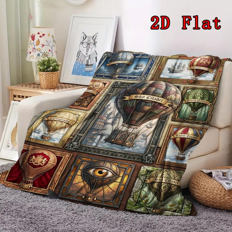 Steampunk Balloon Adventure 2D Flat Pattern Flannel Blanket, High quality All Seasons, Home Decor, Warmth and Comfort, Perfect for Christmas Gifts.