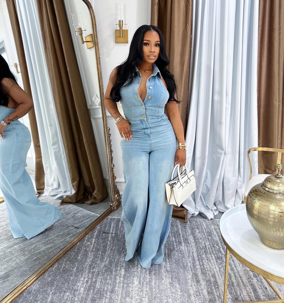 VIONA Women Denim Sleeveless Single Breasted Wide Leg Jeans Jumpsuit Halter Neck Backless Summer One Piece Suit Playsuits
