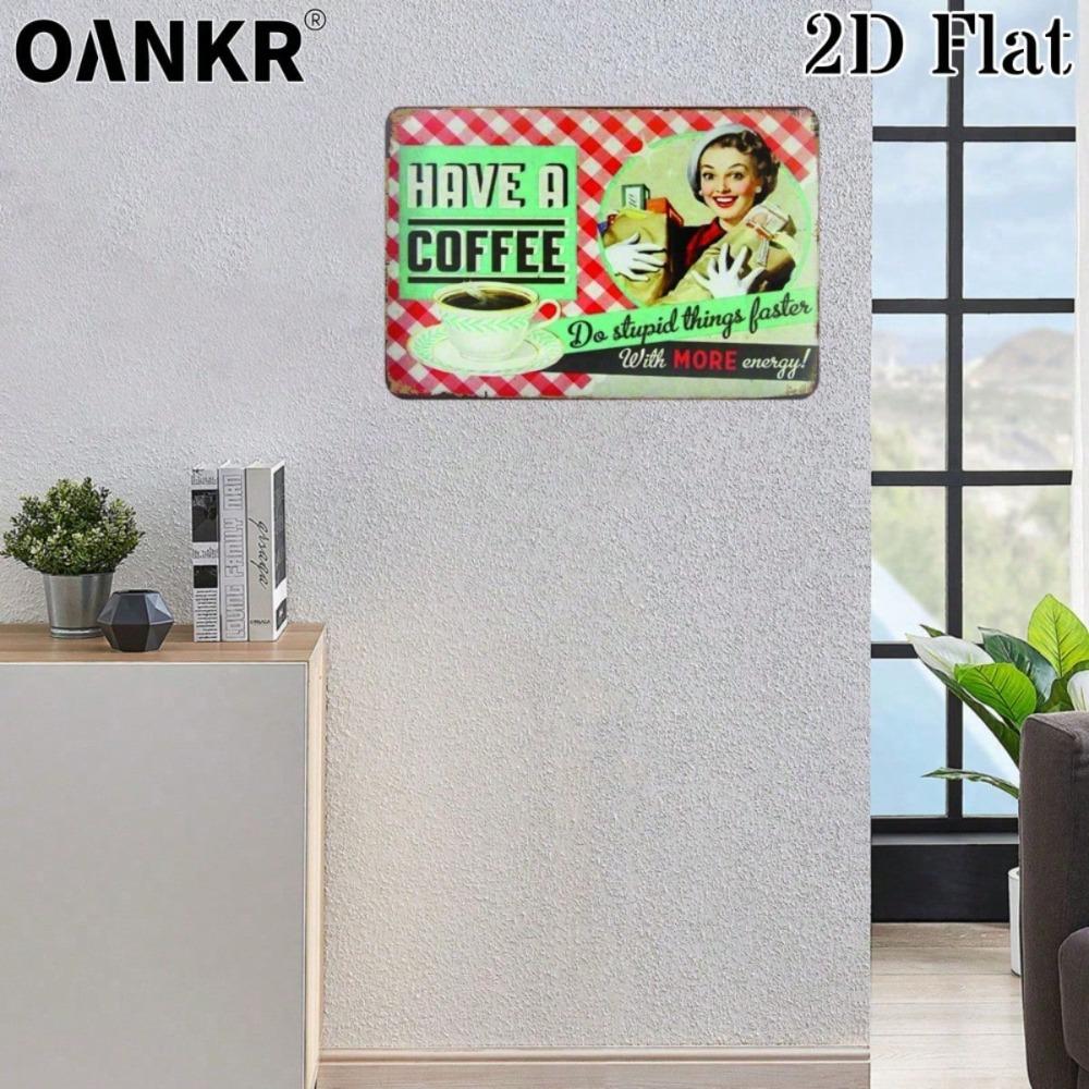 Vintage Coffee Metal Tin Sign 12x8 Inch, Woman With Pot Gaming Poster, Retro Cafe Bar Home Wall Decor Plaque, Gift 2D Flat