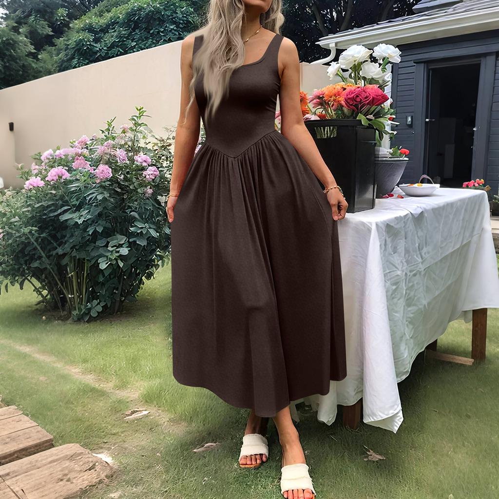 Women's Casual Dress With Square Neck, Long Sleeveless Maxi Dress For Daily Life, Women's Summer Dress