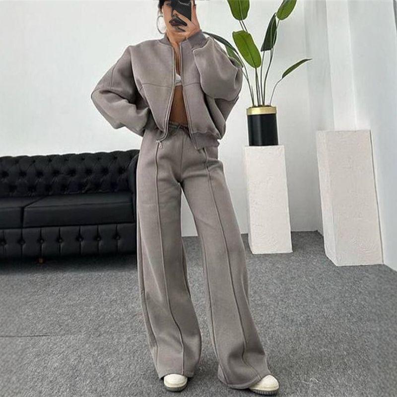 

Европейская и американская мода Комплект верхней одежды с длинным рукавом и брюк Женский комплект куртки на молнии и брюк Костюм Khaki L