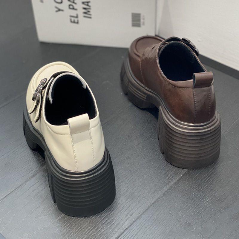 Retro lightweight thick-soled one-word buckle temperament small leather shoes women's 2024 autumn and winter new French sweet and cool loafers single
