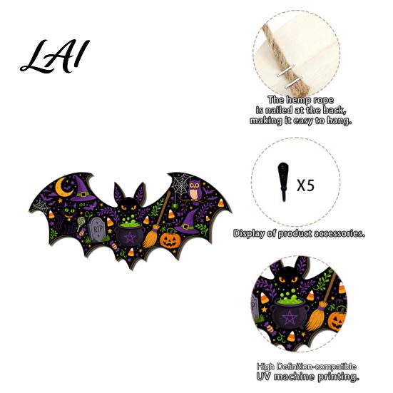 Decorative Entryway Key Hanger Halloween Bat Shaped Wooden Hook 2D Wall Mounted Hanging Decor with Holder for Pumpkin Ghost Witch Pattern,