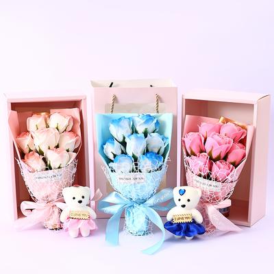 Valentinstag Muttertag Künstliches Seifenrosen-Bouquet mit Teddybär Geschenkbox Romantisches Geschenk für Sie Kreative Heimdekoration