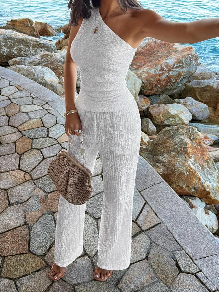 2026 Frühling/Sommer Sexy Ein-Schulter-Hosenanzug mit weitem Bein, schmal geschnitten, für Damen