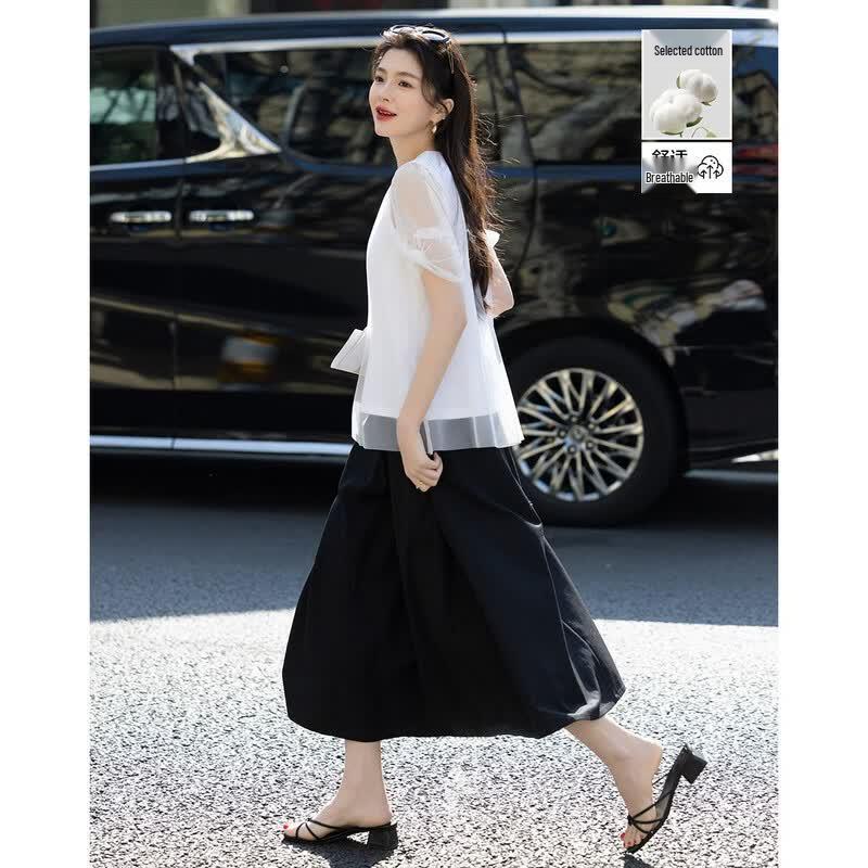 Demana Hazy Aesthetics Faux Two-Piece Mesh Overlay T-Shirt L
