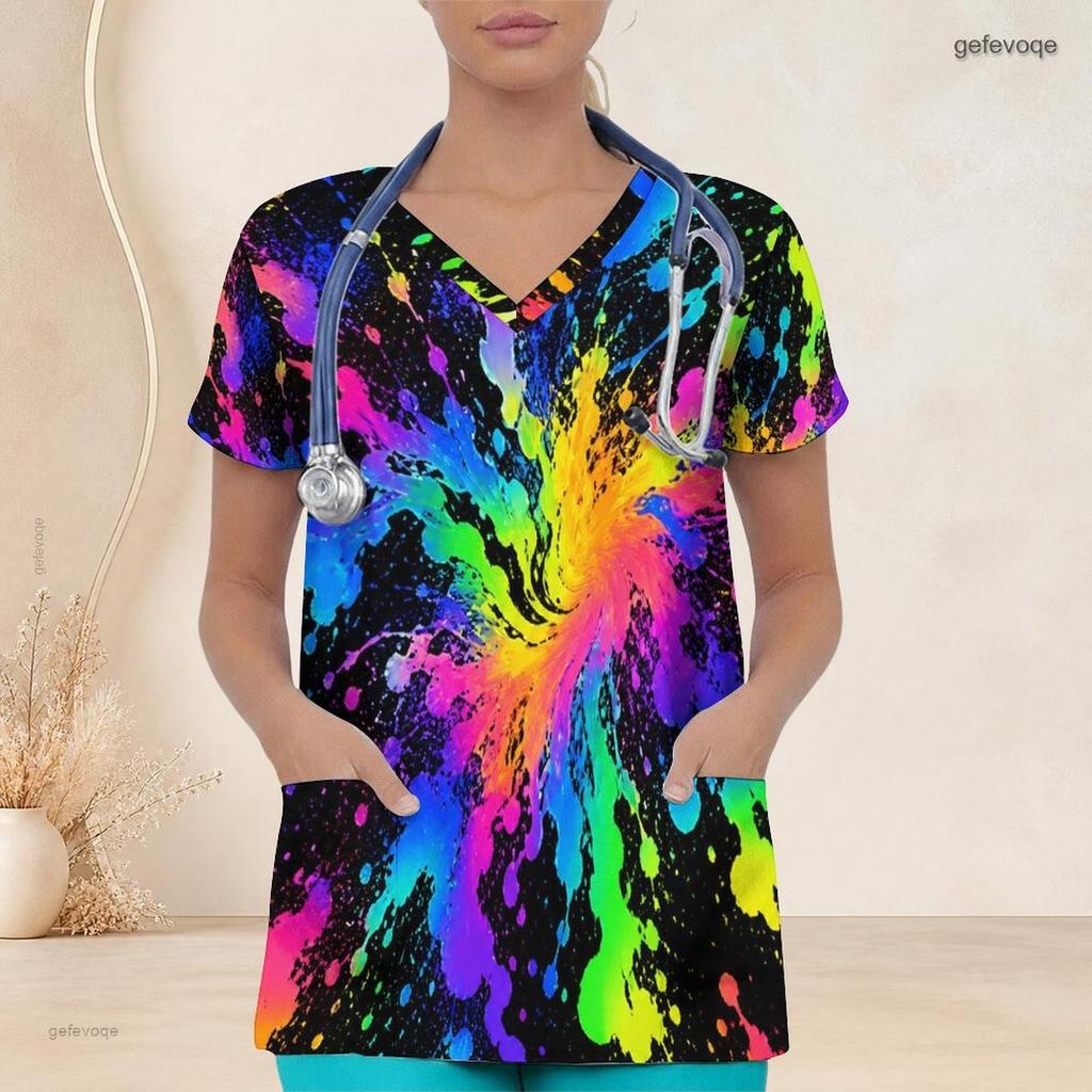 Women Plus Size Black Printed Nurse Scrub Top V Neck Short Sleeve With Front Pockets