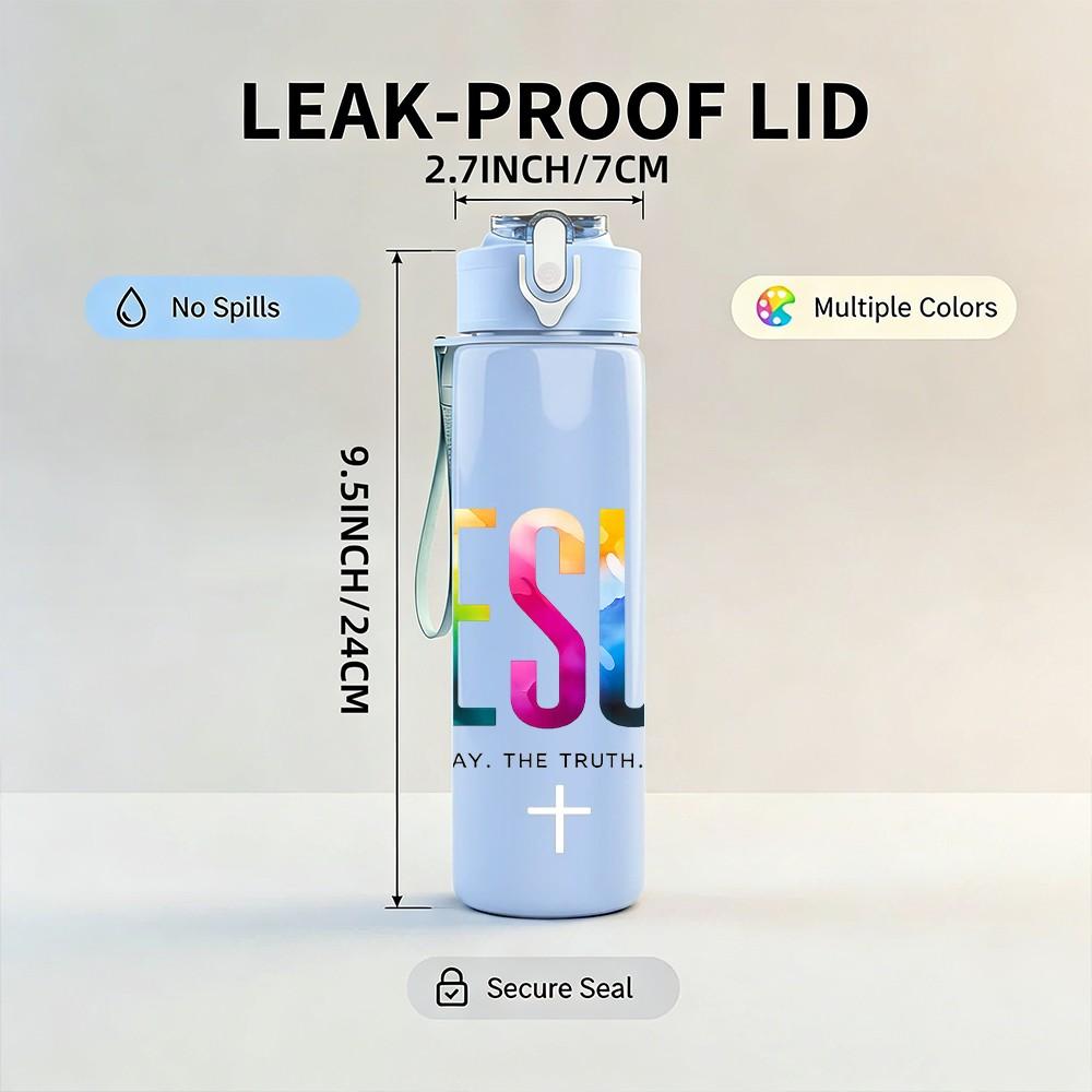 1PC Jesus Color Letter Logo Print 750ml Color Plastic Sports Water Bottle Leakproof Flip Straw Lid Suitable for Sports Office Home Use