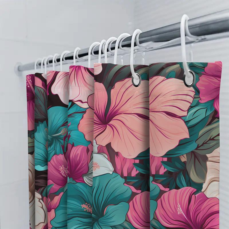 Colorful Hibiscus Shower Curtain Premium Quality Fabric Bath Decor For Home Decoration In Pink Blue Floral Pattern Design